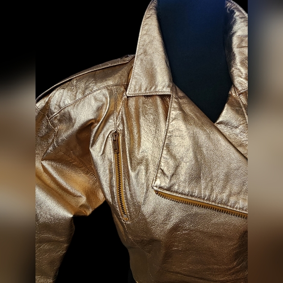Vintage Leather Metallic Gold 100% Leather Moto Jacket! - Picture 4 of 9